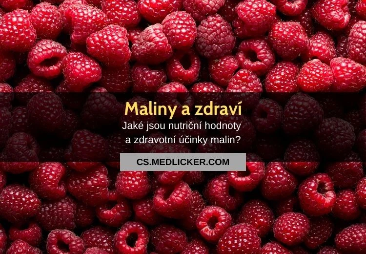 Čerstvé červené maliny na pozadí s českým textem o zdraví.