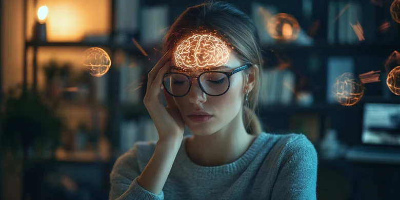 Žena s brýlemi drží hlavu kolem zářícího mozkového vizualizace.