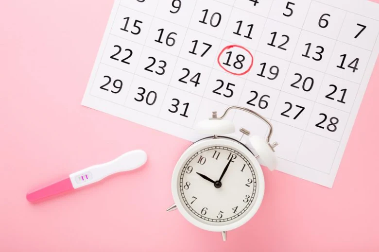 Kalendář s označeným datem, těhotenský test a budík pro sledování ovulace.
