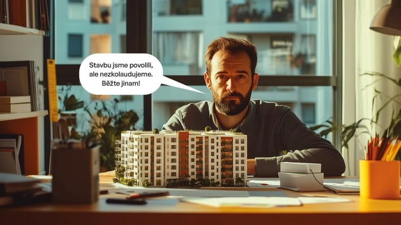 Architekt s modelem domu v kanceláři