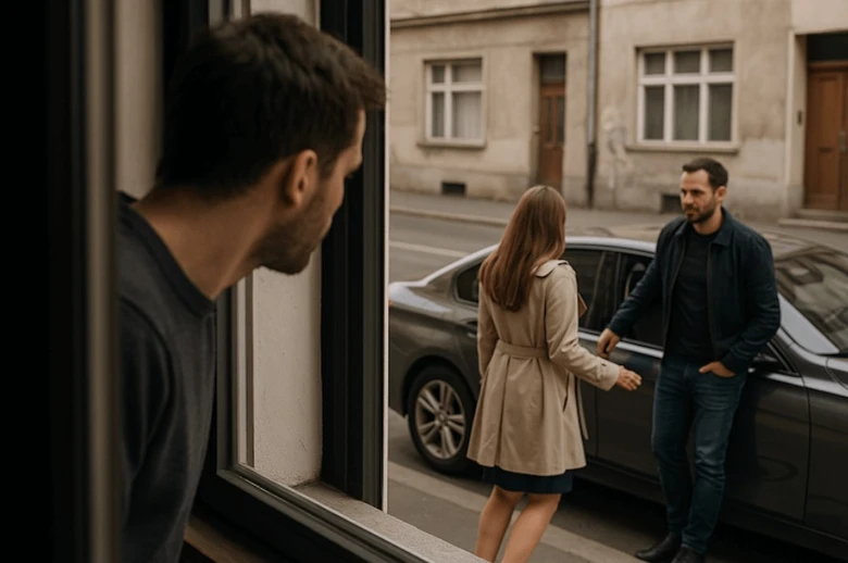 Muž sleduje pár, který se hádá na ulici před autem.