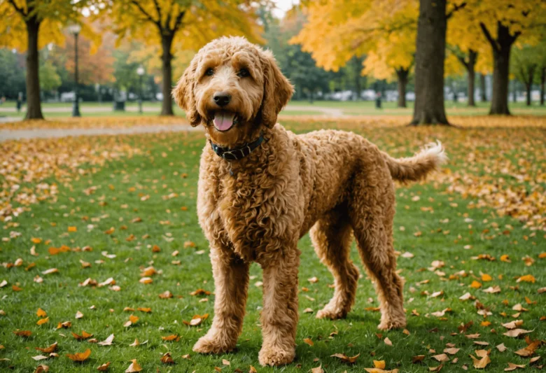 Šťastný golden doodle stojí na trávě v podzimním parku.