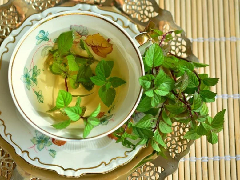 Peppermint tea with fresh leaves