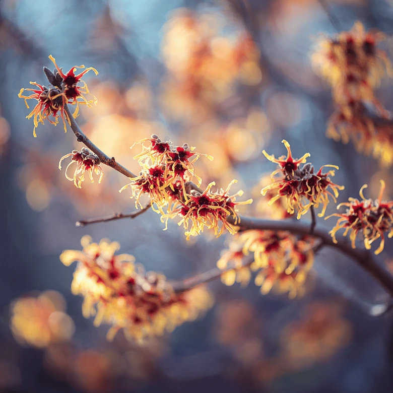 Květy vilínu hamamelis na větvi v jarním slunci.