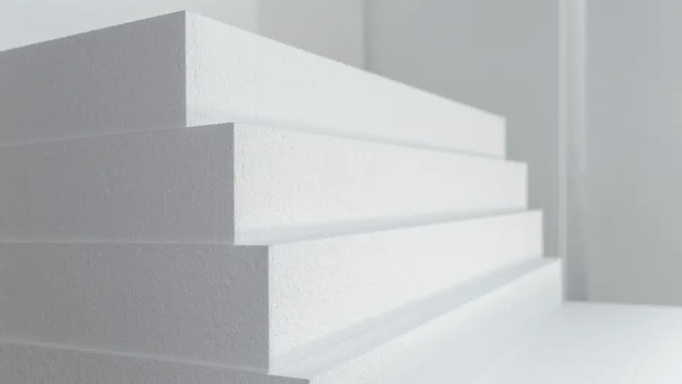 Bílá vrstva expandovaného nebo extrudovaného polystyrénu naskládaná v řadě.