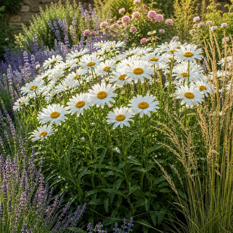 Bílé květy kopretiny leucanthemum rostoucí v zahradním záhonu s fialovými lavendulami.