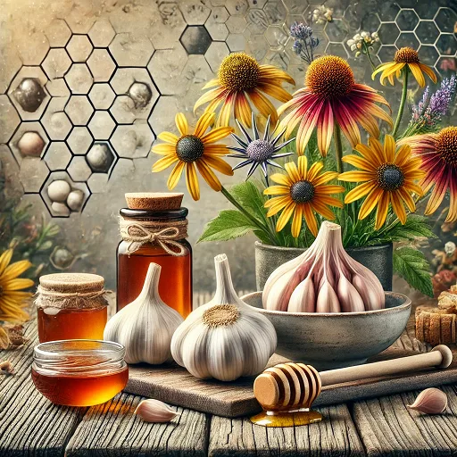 Česnek, med a květiny jako přírodní antibiotika pro zdraví.