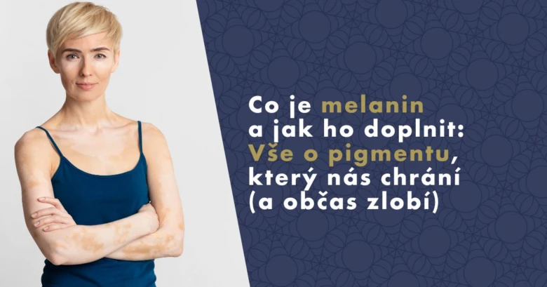 Žena s vitiligo před textem o melaminu v češtině