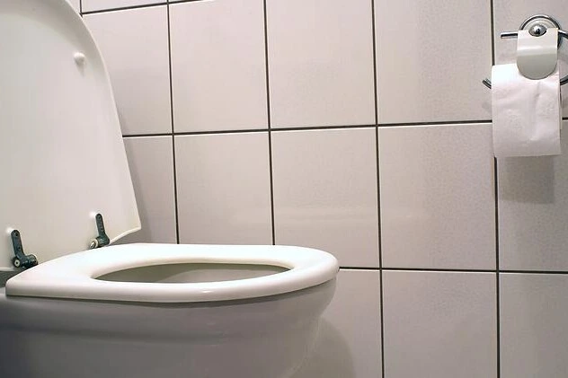 Bílá záchodová mísa s otevřenou sedátkem v koupelně.
