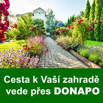 Cesta vede přes kvetoucí jarní zahradu s trvalkami.