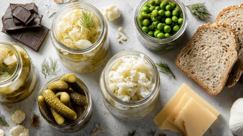Fermentované potraviny jako kysané zelí a okurky s chlebem.
