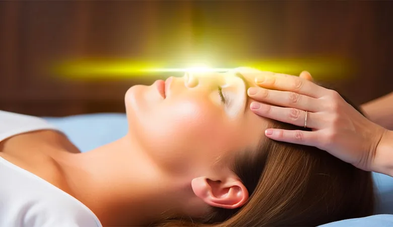 Žena leží s rukou na čele při reiki léčbě.