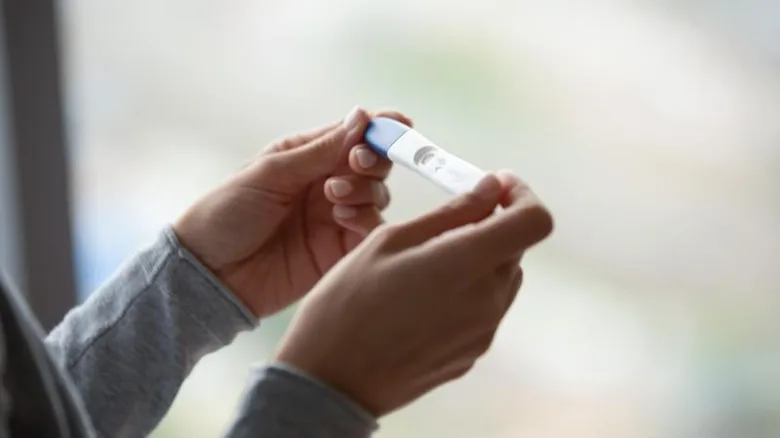 Ruce drží ovulační nebo těhotenský test u okna.