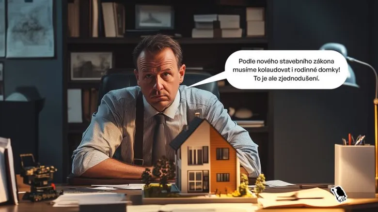 Muž u stolu s modelem domu vysvětluje nová pravidla kolaudace.