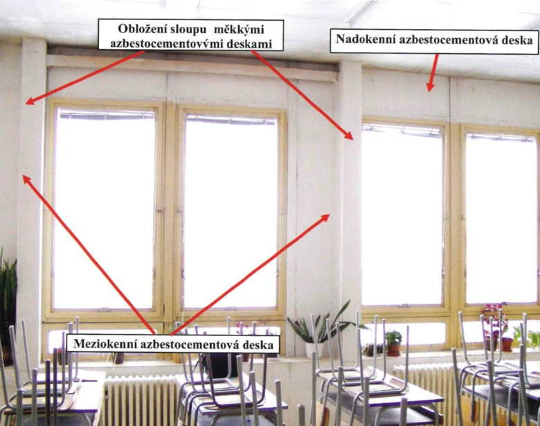Fotografie ukazuje azbestocementové desky v interiéru třídy.