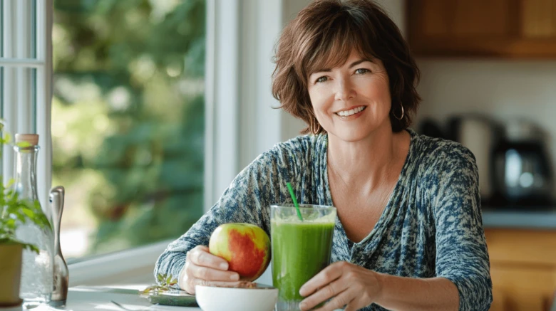 Žena pije zelený smoothie s jablkem v kuchyni.