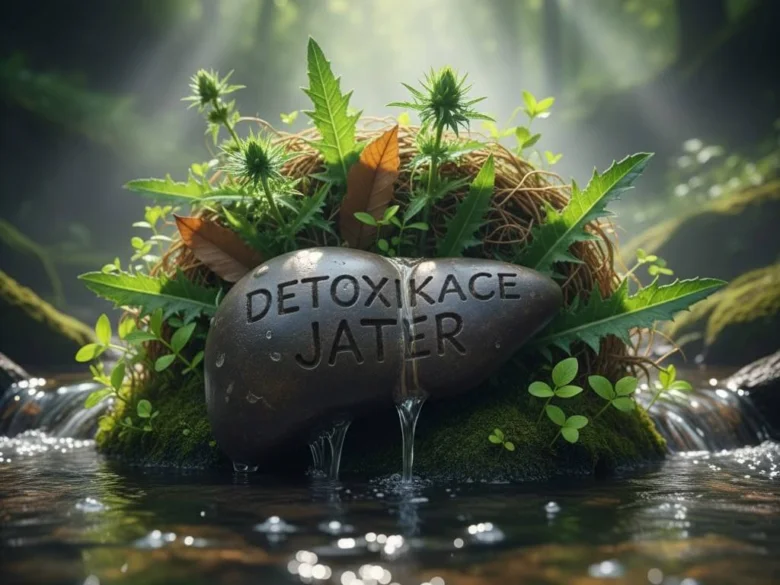 Kámen tvaru jatra s nápisem detoxikace obklopený bylinkami.