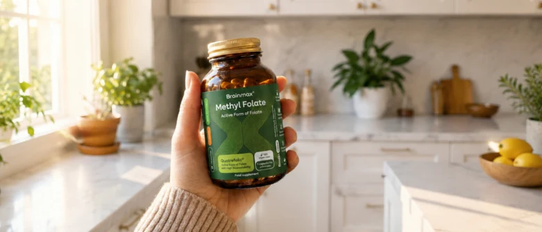 Ruka drží lahvičku s doplňkem vitamínu B9 methylfolát v kuchyni.