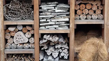 Dřevěný hotelek pro užitečný hmyz s přírodními materiály.