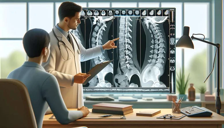 Lékař ukazuje na rentgen páteře pacientovi při konzultaci o spondylartróze.