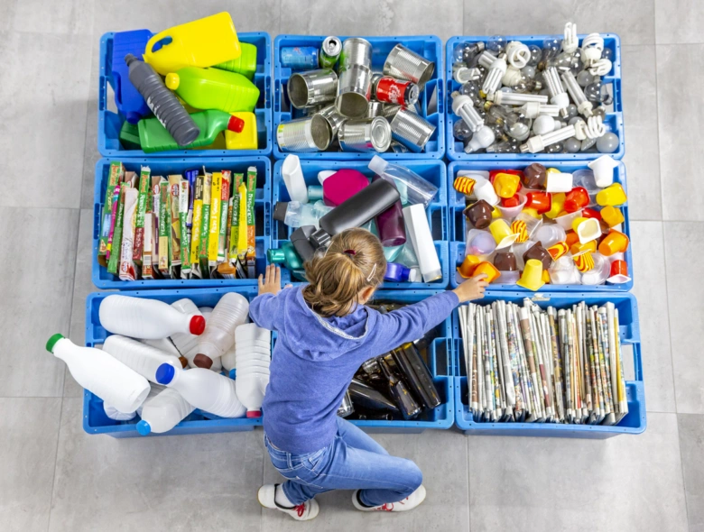 Dětské recyklace plastů do modrých kontejnerů na třídění odpadu.