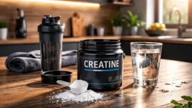 Kreatin v nádobě s lžičkou na dřevěném stole vedle mixéru.