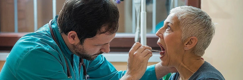 Lékař vyšetřuje ústní dutinu seniora pomocí nástroje.