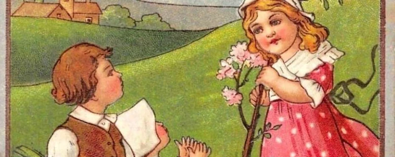 Chlapec dává dárek dívce s květinami na pozadí zelené krajiny.