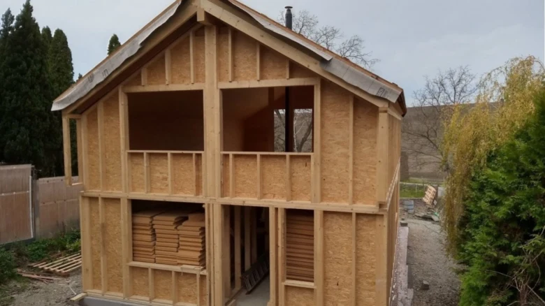 Dřevěná konstrukce dvoupatrového domu v procesu stavby.