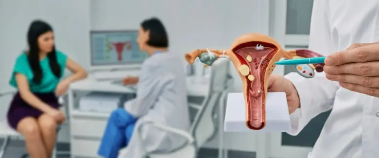 Model dělohy s cystami ukazuje příznaky endometriózy.