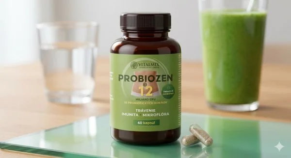 Fialová lahvička s kapslemi probiotik na zeleném podkladě.