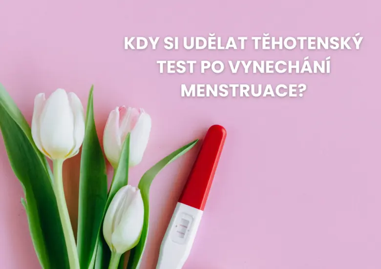 Těhotenský test vedle bílých tulipánů na růžovém pozadí.