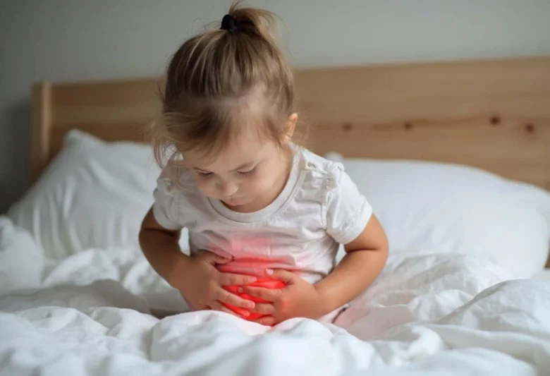 Dívka sedí v posteli a drží si břicho, jako by ji bolelo.