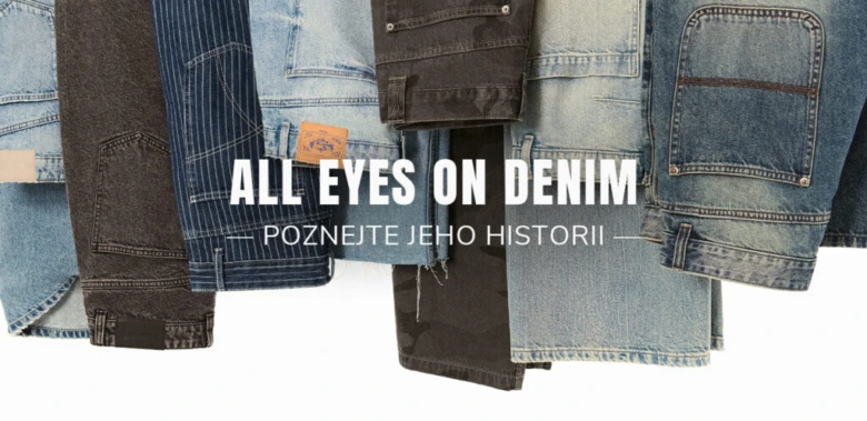 Různé džínové kalhoty na bílém pozadí s nadpisem o historii denimu.